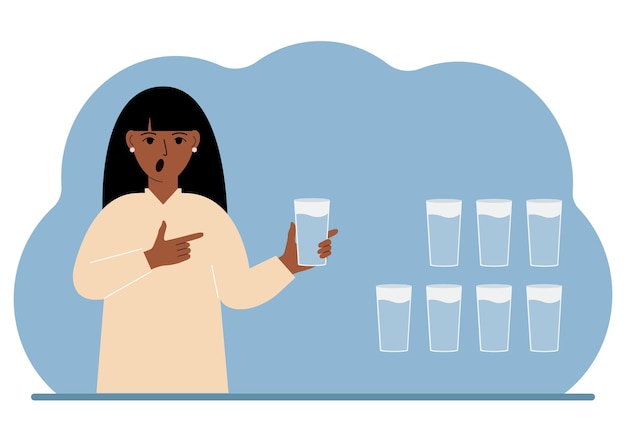 La femme tient un verre d'eau Infographie sur le bilan hydrique 8 verres d'eau chaque jour Mode de vie sain