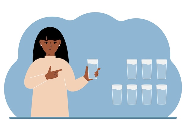 Vecteur la femme tient un verre d'eau infographie sur le bilan hydrique 8 verres d'eau chaque jour mode de vie sain
