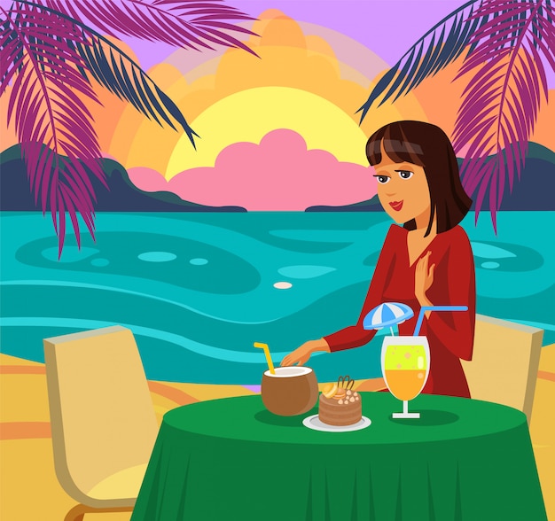 Vecteur femme en train de dîner sur la plage vector illustration.