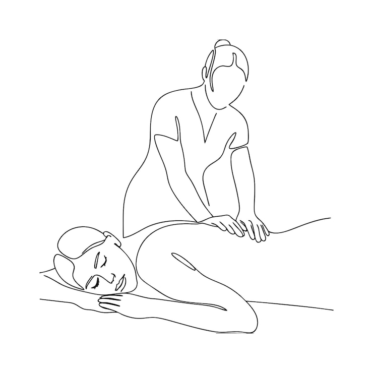 Vecteur femme en train de prendre un massage corporel au spa dessin continu d'une ligne en traits modifiables