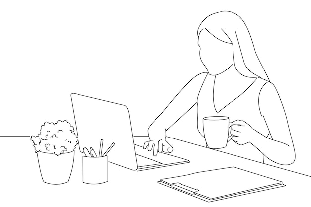 Femme travaillant avec un ordinateur portable et buvant du café Style de dessin d'art Oneline