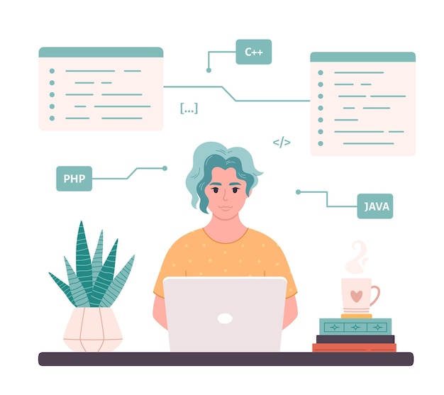Femme travaillant sur ordinateur portable. Femme développeur informatique. Code de programmation. Indépendant, travail à distance