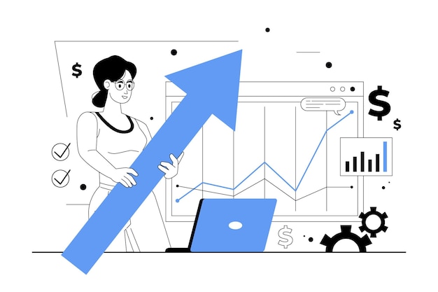 Une femme travaille avec un graphique qui dit affaires sur elle illustration contour