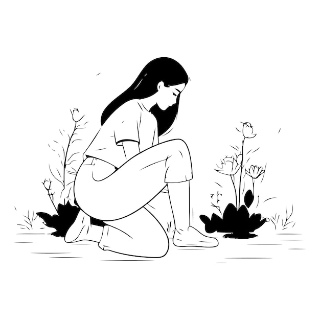 Vecteur une femme triste assise sur le sol dans le jardin.