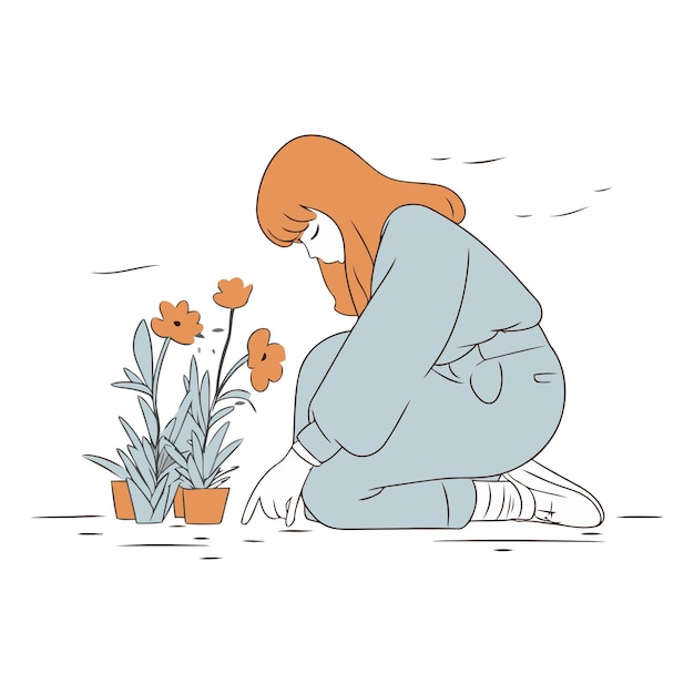 Vecteur une femme triste assise sur le sol et regardant des fleurs.