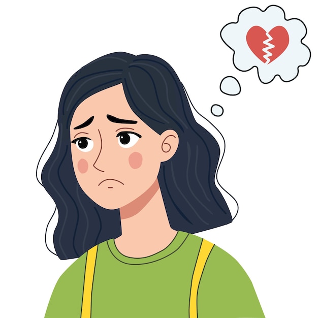 Une femme triste avec le cœur brisé dans la bulle de pensée se sentant le cœur brisée amoureuse et triste