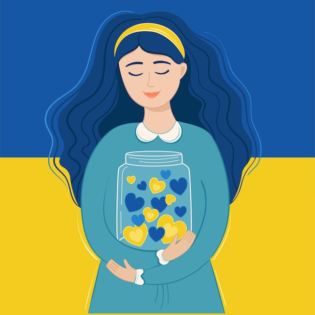 Femme Ukrainienne Avec Le Drapeau Ukrainien Et Les Coeurs