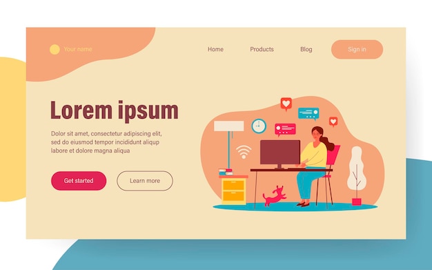 Femme utilisant un ordinateur et discutant en ligne à la maison. Blogueur, animal de compagnie, aime l'illustration vectorielle à plat. Médias sociaux, blog, concept de communication pour bannière, conception de site Web ou page Web de destination