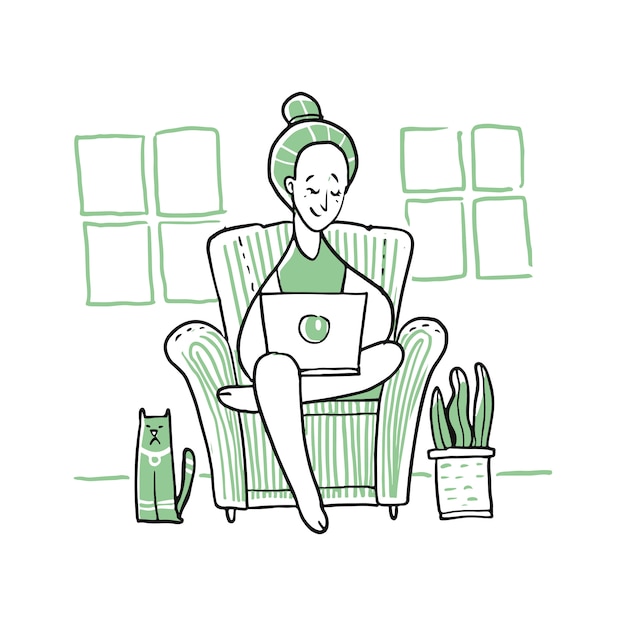 Vecteur femme utilisant un ordinateur portable et assis sur un canapé.