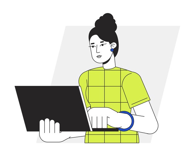Femme utilisant un ordinateur portable au bureau illustration vectorielle de ligne plate