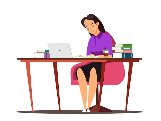 Femme Utilisant Un Ordinateur Portable Fille Assise Au Bureau Avec Des Livres Freelancer Fille Travaillant à L'ordinateur Isolé Clipart