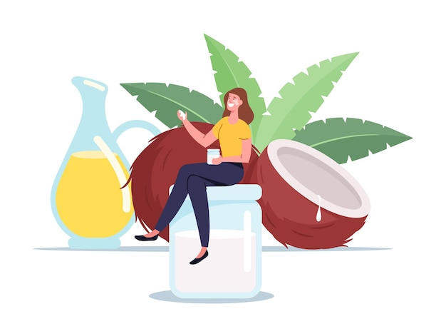 Femme utiliser le concept d'huile de noix de coco. Petit personnage féminin assis sur un énorme bocal en verre près de noix de coco avec des feuilles vertes
