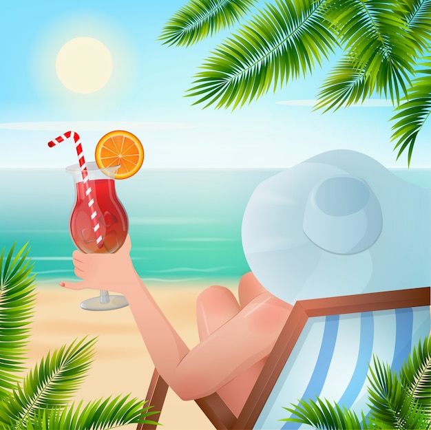 Vecteur femme de vacances tropicales d'été avec cocktail