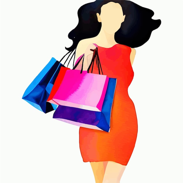 Femme De Vecteur Aquarelle Shopping