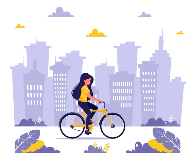 Vecteur femme à vélo dans la ville. mode de vie sain, sport, concept d'activité de plein air. illustration dans un style plat.