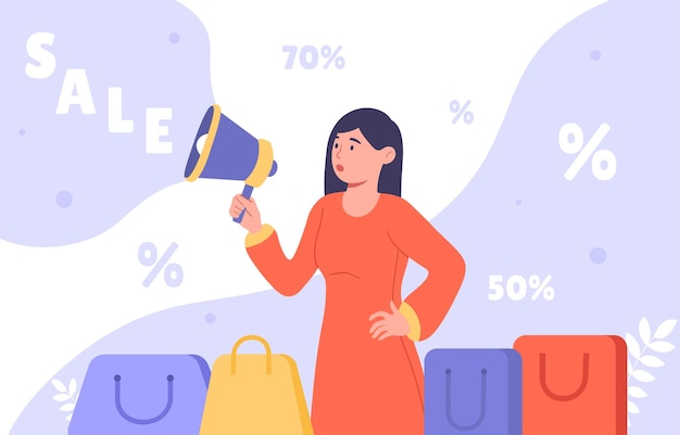 Femme avec vente cocept jeune fille avec haut-parleur et sacs à provisions publicité et marketing sur