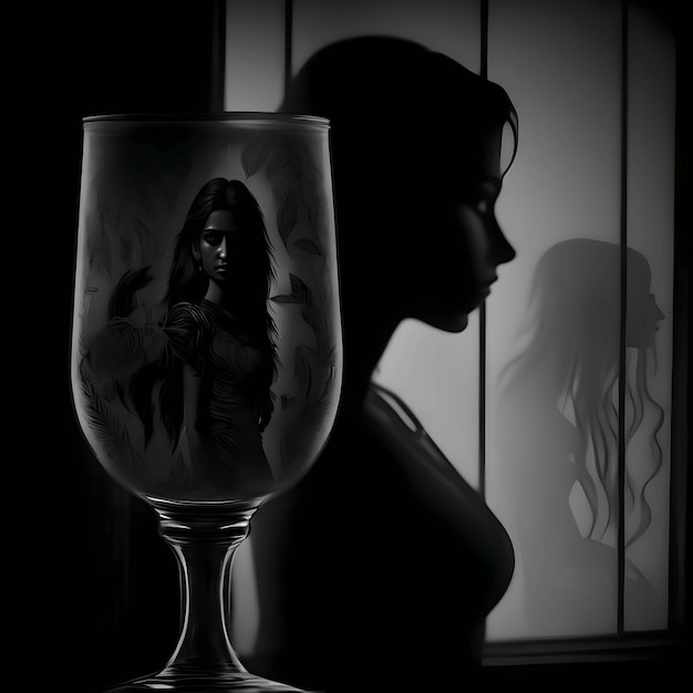 Femme et verre sombre composition et arrière-plan