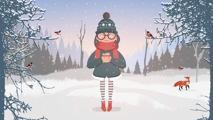 Vecteur une femme avec des vêtements chauds d'hiver et des lunettes tient une tasse dans ses mains. une fille dans une forêt enneigée boit une boisson chaude. carte carrée toute faite pour un thème hivernal. illustration vectorielle.