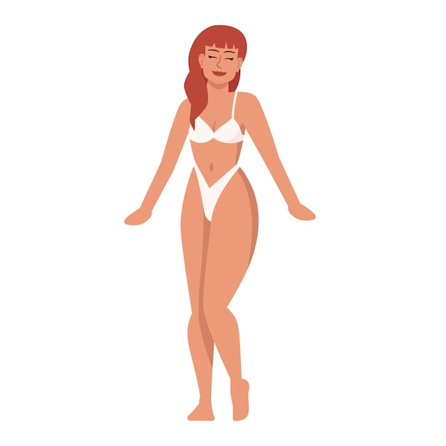 Femme Vêtue D'une Illustration Vectorielle Plane En Maillot De Bain Deux Pièces. Corps Positif, Féminisme. Silhouette Mince. Modèle De Lingerie. Dame Souriante Caucasienne Aux Cheveux Rouges Personnage De Dessin Animé Isolé Sur Fond Blanc