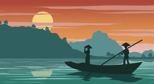 Femme vietnamienne sur le bateau pour rentrer à la maison à l'heure du coucher du soleil, illustration vectorielle