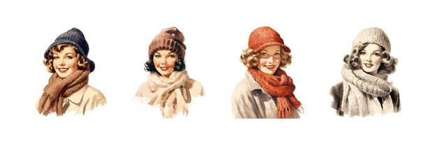 Femme vintage en chapeau et foulard jeu d'aquarelle conception d'illustration vectorielle