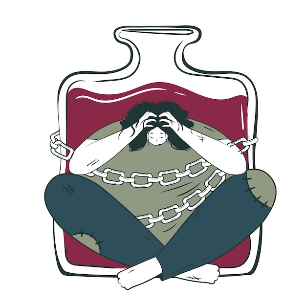 Femme sur une virée ivre Illustration conceptuelle des conséquences de l'alcoolisme avec un caractère dépressif attaché avec des chaînes à une bouteille d'alcool