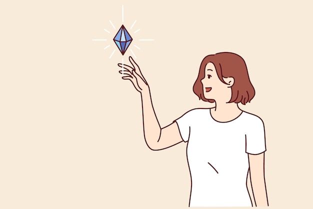 Vecteur une femme voit un diamant flotter dans l'air et veut toucher la pierre précieuse qui symbolise la prospérité.