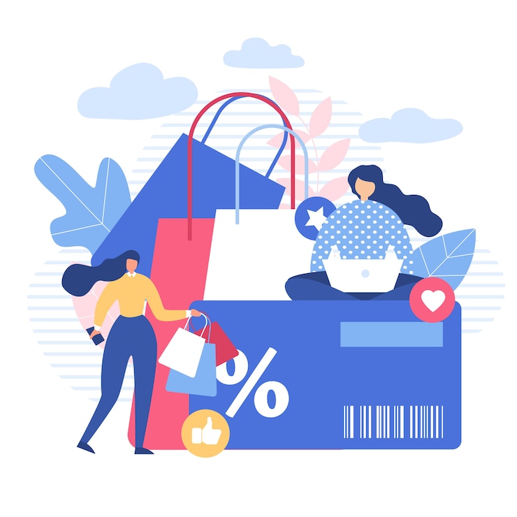 Vecteur les femmes achètent en ligne avec des gadgets