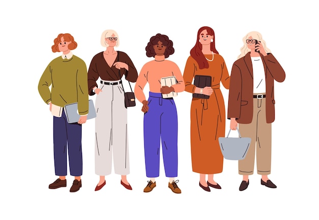 Femmes d'affaires diverses femmes entrepreneurs Groupe de femmes d'affaires debout en rangée Employés de bureau élégants Portrait d'entreprise Illustration vectorielle graphique plate isolée sur fond blanc