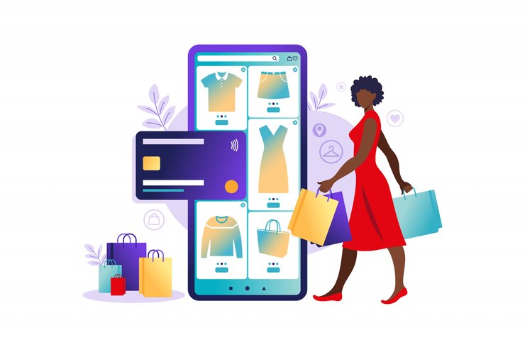 Femmes africaines, achats en ligne sur téléphone mobile. Paiement en boutique en ligne. Cartes bancaires, paiements en ligne sécurisés et facture financière. Portefeuilles pour smartphone, technologie de paiement numérique. Illustration vectorielle plane.