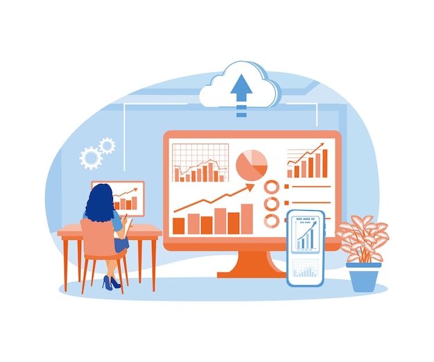 Des femmes analysant des données financières sur l'ordinateur Déplacer des données du téléphone portable à l'ordinateurs Pouvoir Concept d'informatique Illustration vectorielle plate