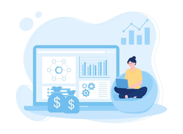 Les femmes analysent les graphiques de données de la croissance et des gains d'argent concept illustration plate