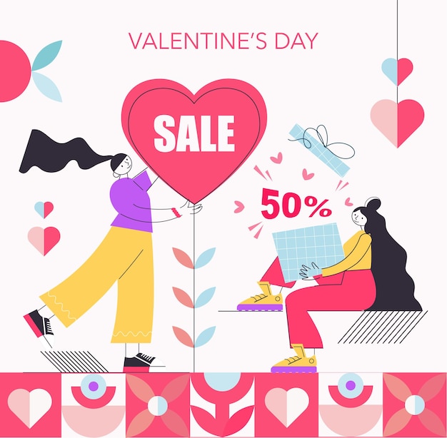Femmes avec des cadeaux de la Saint-Valentin Bannière d'affiche pour la réduction de la promotion de la vente de la Saint-Valentin