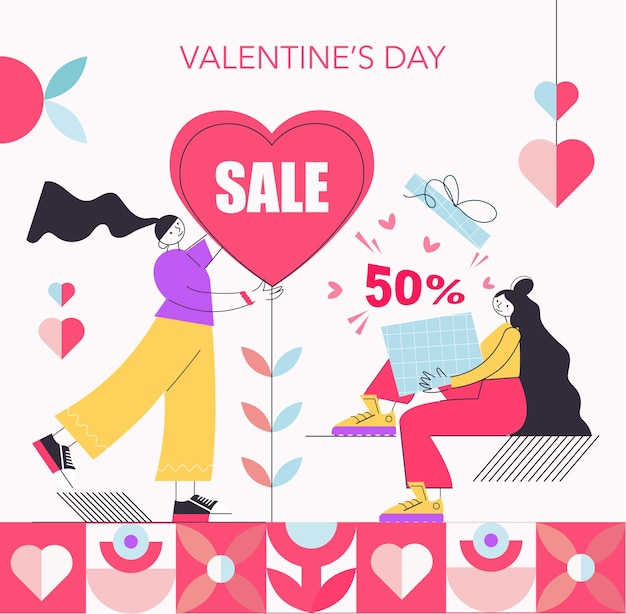 Femmes Avec Des Cadeaux De La Saint-valentin Bannière D'affiche Pour La Réduction De La Promotion De La Vente De La Saint-valentin