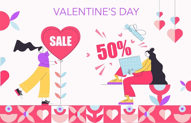 Femmes avec des cadeaux de la Saint-Valentin Bannière d'affiche pour la réduction de la promotion de la vente de la Saint-Valentin