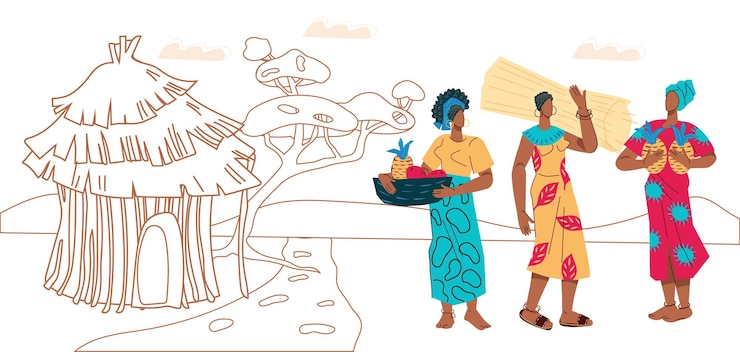 Femmes de la campagne africaine dans le village avec des huttes aux toits de chaume vecteur plat