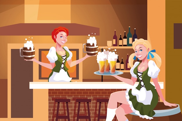 Femmes En Costume Traditionnel Allemand Boivent De La Bière Au Bar Célébration De La Fête De La Bière