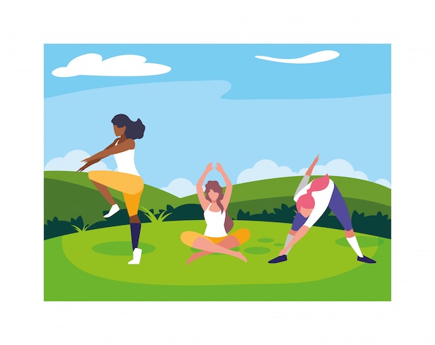 Femmes, Dehors, Pratiquer, Yoga, à, Paysage