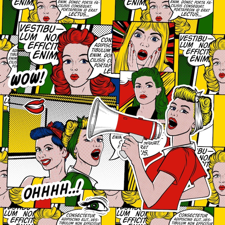 Vecteur des femmes dessinées à la main avec des bulles de parole motif de dessin animé