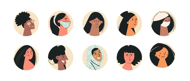 Les Femmes De Différentes Nationalités Ethniques Font Face à Des Icônes De Cercle. Ensemble De Portraits De Personnages Féminins De Sexe Et D'âge Différents. La Diversité. Illustration Vectorielle Plane Isolée Sur Blanc