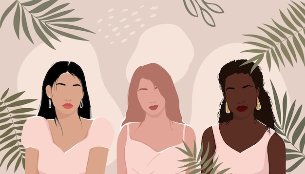 Vecteur femmes de différentes races ensemble sur un fond abstrait avec des feuilles illustration plate moderne