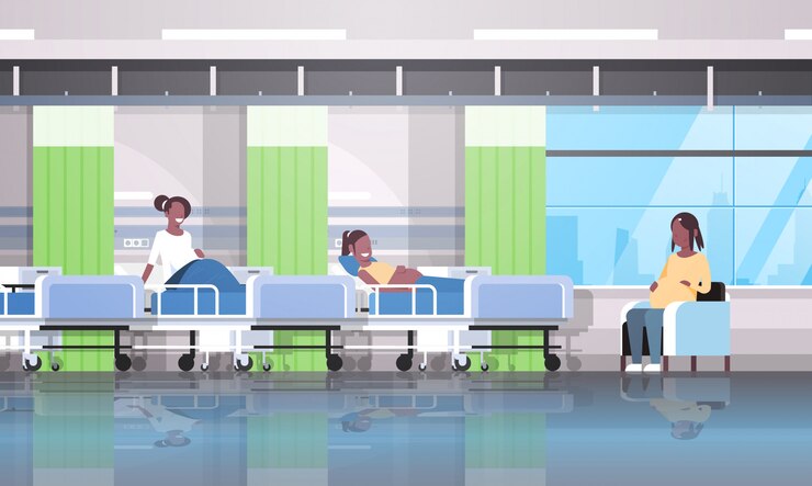 Les femmes enceintes les patients assis dans le lit et les filles en fauteuil discutant de la communication et