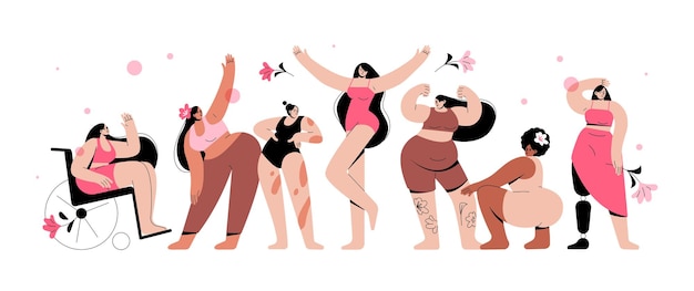 Femmes de grande taille positives pour le corps Mode de vie des filles de taille plus heureux Ensemble de femmes avec un corps et une origine ethnique différents posant ensemble Concept de positivité corporelle Diversité beauté féminine Illustration vectorielle