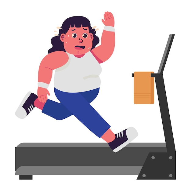Vecteur femmes grosses personnes en surpoids et obésité de taille faire de l'exercice et courir sur l'illustration du tapis roulant