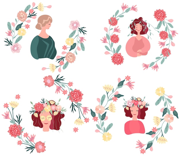 Vecteur femmes heureuses de printemps dans une couronne de fleurs isolées sur fond blanc le concept de joie de bonheur