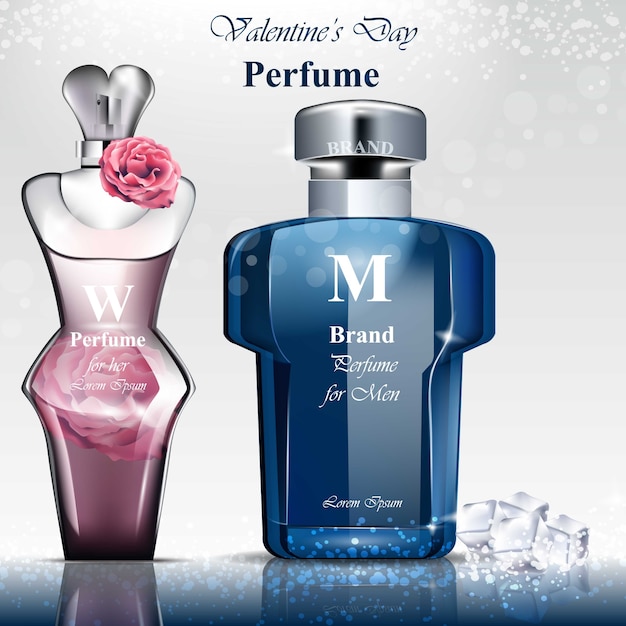 Les femmes et les hommes parfument le parfum de bouteille. Des conceptions réalistes d&#39;empaquetage de produit de vecteur
