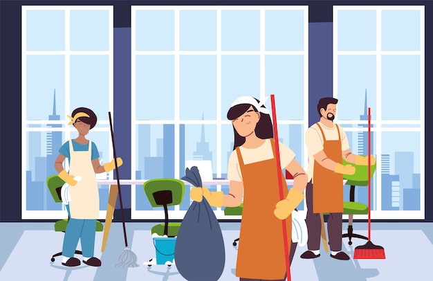 Femmes et hommes avec tablier dans la conception d'illustration de service de nettoyage