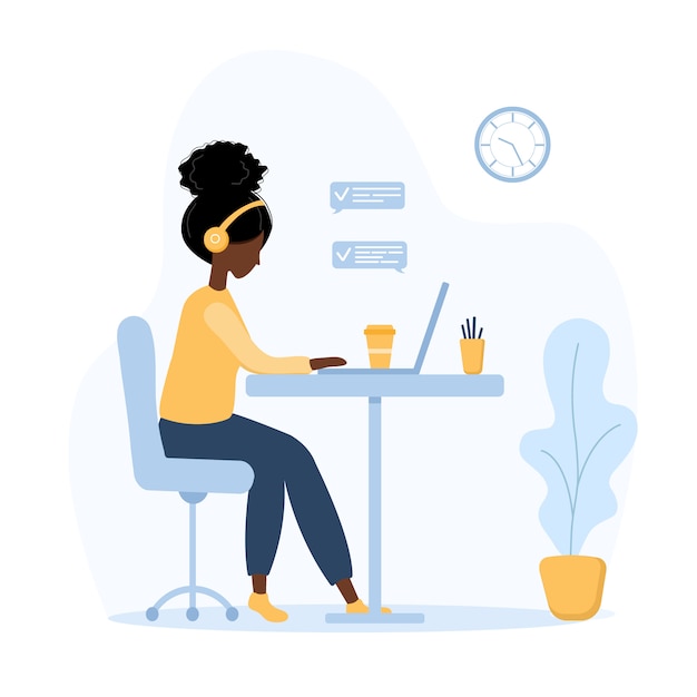 Femmes Indépendantes. Fille Africaine Dans Les écouteurs Avec Ordinateur Portable Assis à Une Table. Illustration De Concept Pour Travailler à Domicile, étudier, éducation, Communication, Mode De Vie Sain. Vecteur Dans Un Style Plat.