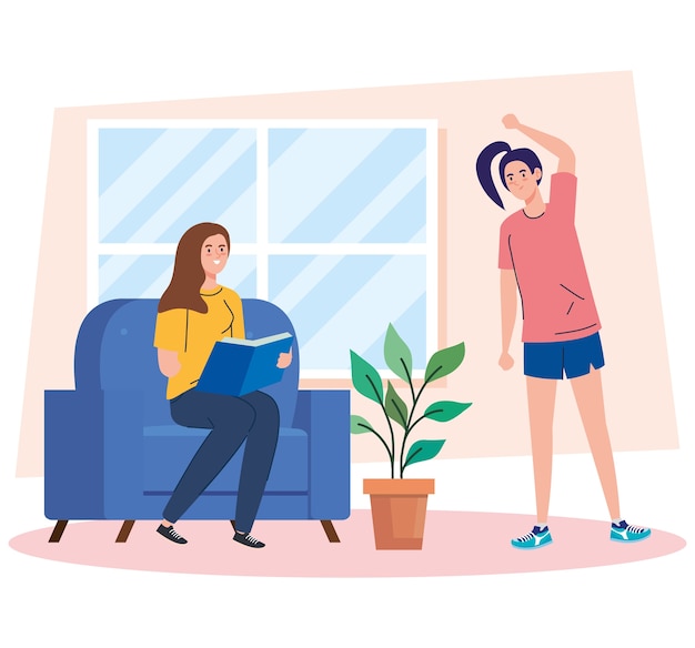 Femmes lisant un livre et s'étirant à la maison conception du thème des activités et des loisirs