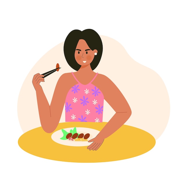 Vecteur les femmes mangent à l'aide de personnage plat d'illustration de baguettes